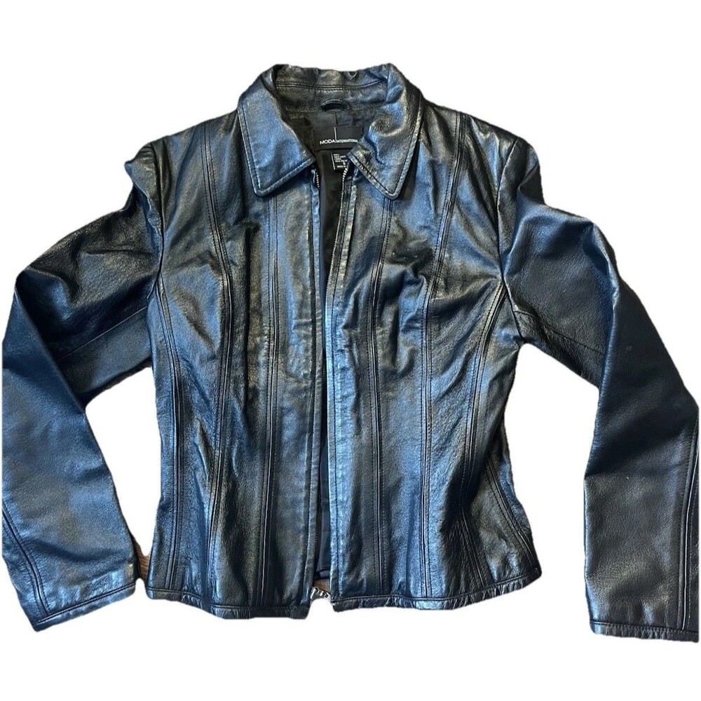 Moda International Black Leather Jacket Women’s Small Zip Front Fitted
